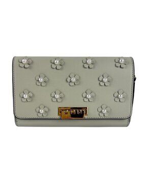 ZAC Zac Posen Earthette Dove Gray Floral Applique Leather Crossbody Wallet